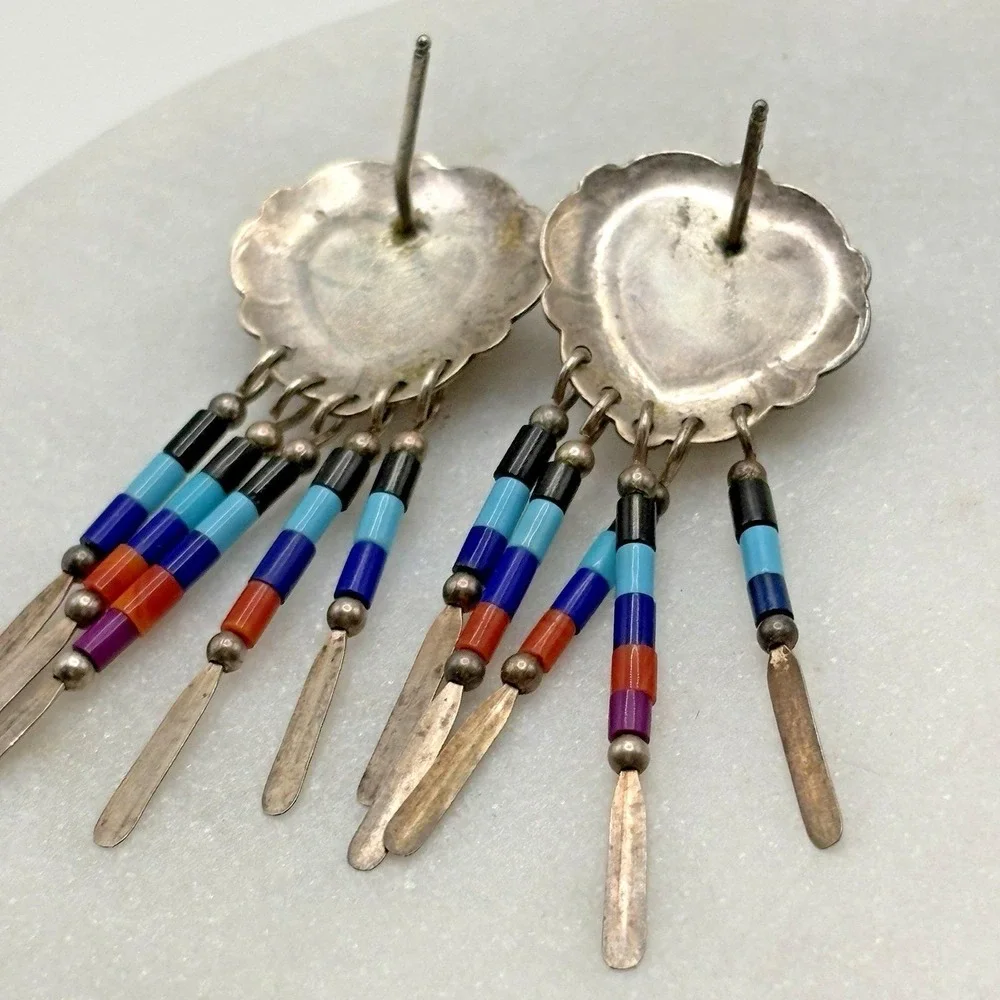 Vintage Pierced Earrings Sterling Silver Heart Concho Turquoise Southwest